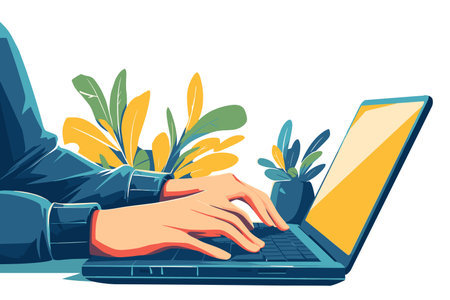 Hands typing on laptop side view. Person working at home, freelance concept, programming, startup, technology. Flat vector illustration.のイラスト素材