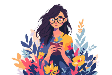 Woman Surrounded by Colorful Plants Reading. Self education, student studying. Trendy flat vector illustration.のイラスト素材