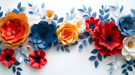 A stunning collection of blue, red, and yellow handcrafted paper flowers arranged on a white...