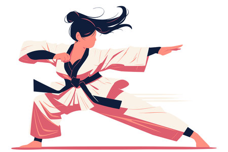 Karate woman in dynamic fight pose. Sport training, active lifestyle. Flat vector illustration.のイラスト素材