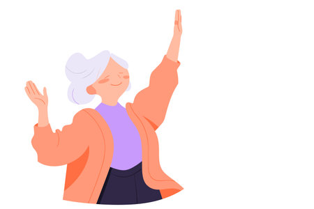 Happy old grandma dancing. Cute old lady dancing. Elderly gray-haired woman active lifestyle. Flat vector illustration isolated with space for text.のイラスト素材