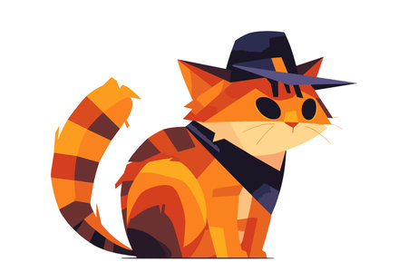 Orange tabby cat wearing a classic detective hat. Cute comics animal character. Flat vector illustration.のイラスト素材
