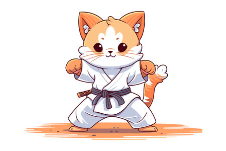 Cute character karate cat in fighting pose. Animal mascot sport fighter. Flat vector illustration isolated.のイラスト素材