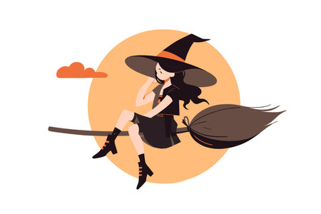 Witch Flying on Broomstick Against Full Moon. Happy halloween holiday. Flat vector illustration.のイラスト素材