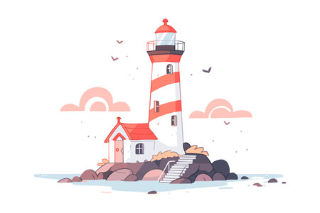 Lighthouse on rocks near calm ocean at sunset. Flat vector cartoon illustration.のイラスト素材