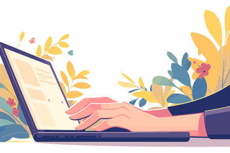 Vector illustration side view of hands typing on a laptop surrounded by colorful flowers. Eco-friendly workplace.のイラスト素材