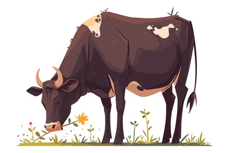 A stylized illustration of a brown cow peacefully grazing in a field with flowers. Farm domestic animal. Flat vector illustration.のイラスト素材