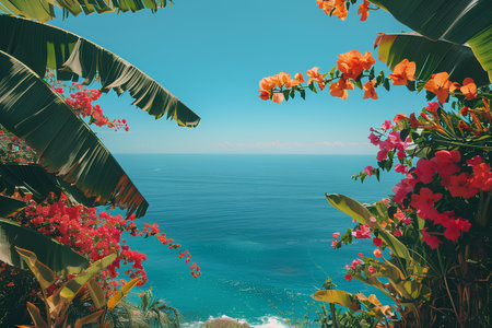 Tropical Paradise with Ocean View and Flowersの写真素材