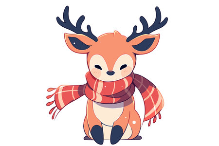 Adorable fawn wrapped in a warm plaid scarf, smiling joyfully. Autumn season. Vector illustration.のイラスト素材