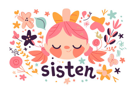 Heartwarming illustration celebrating sisterhood with floral motifsのイラスト素材