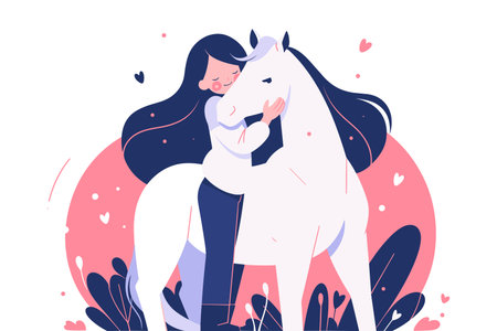 Vector illustration of a girl embracing a horse with tenderness. Lovely animal.のイラスト素材