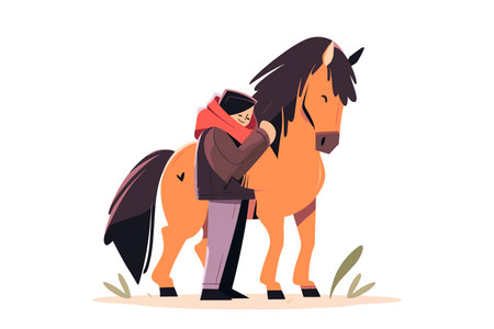 A loving hug between a girl and a horse on a cold day. Pets, domestic animals. Vector illustration.のイラスト素材