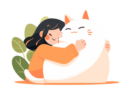 Girl gives a giant fluffy cat a big loving hug. Domestic animals, pets. Vector illustration.のイラスト素材