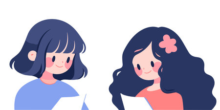 A warm illustration of two sisters reading a book together. Speaking, hobby. Vector illustration.のイラスト素材