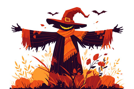 Vibrant illustration of a scarecrow with autumn elements as pumpkins. Fall, farming, harvest season. Happy halloween holiday decor. Flat vector illustration.のイラスト素材