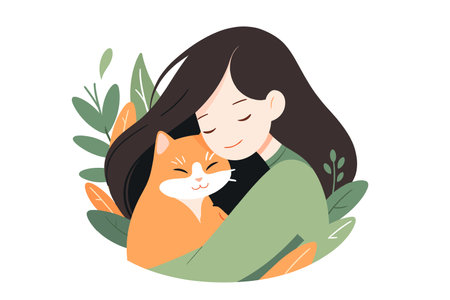 Vector illustration of a smiling woman hugging orange cat, surrounded by stylized green plants. Pets love.のイラスト素材