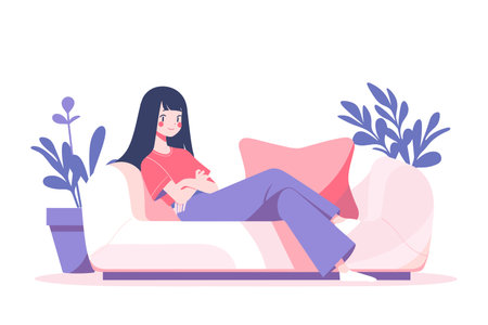 Vector illustration of a relaxed woman lying on a couch in a comfortable home setting. Flat design.のイラスト素材
