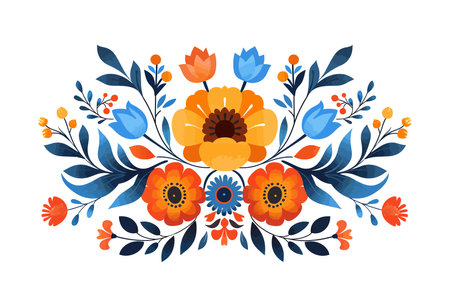 vibrant and intricate folk art floral design featuring an array of orange, blue, and yellow flowers. This symmetrical composition showcases blooming flowers, leaves, and berries,のイラスト素材