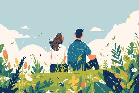 Couple sitting in a garden with flowers and plants. Summer weekend, date, picnic. Flat vector illustration.のイラスト素材