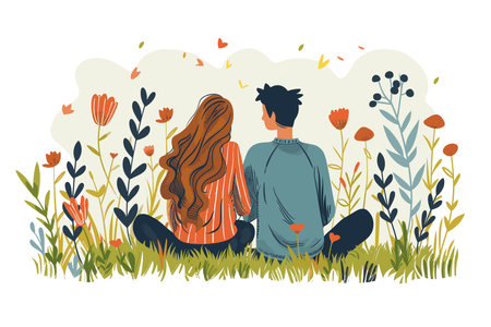 Couple sitting in a field with flowers and plants. Flat vector illustrationのイラスト素材