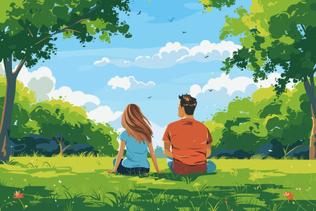 Couple sitting and relaxing in a park with lush green trees.のイラスト素材