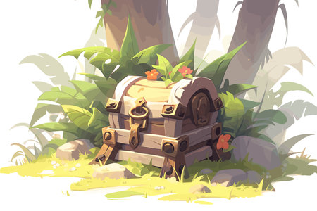 Cartoon treasure chest surrounded by jungle plants and flowers.のイラスト素材