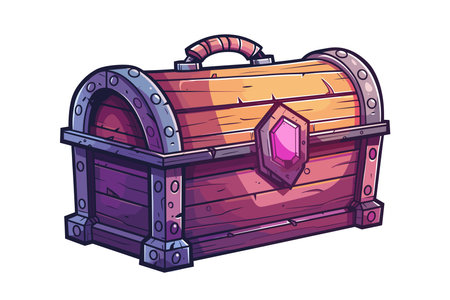 Colorful wooden treasure chest with a jewel and metal details.のイラスト素材