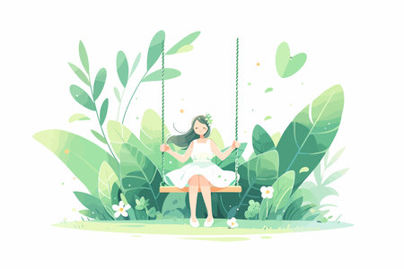 An illustration of a girl on a swing surrounded by lush green nature. Flat vector illustration isolated.のイラスト素材