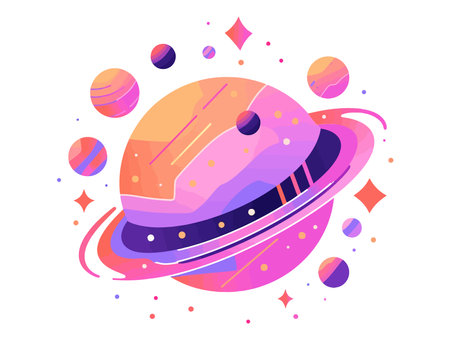 A vibrant illustration of a planet with rings and cosmic elements. Flat vector illustration isolated.のイラスト素材