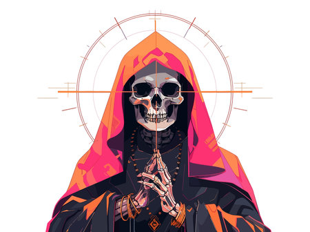 Skeleton wearing a hood and halo, holding hands in prayer, flat vector isolated on white background.のイラスト素材