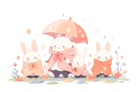 An illustration of a cute bunny family with an umbrella, wearing raincoats. Flat vector illustration isolated.のイラスト素材