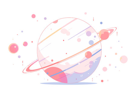 Colorful planet with rings and floating orbs, isolated on white background. Flat vector illustration isolated.のイラスト素材