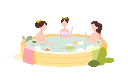 Illustration of women relaxing in a hot spring with fruits and towels. Flat vector illustration isolated.のイラスト素材