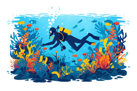 A scuba diver explores a vibrant coral reef underwater. Flat vector illustration.のイラスト素材
