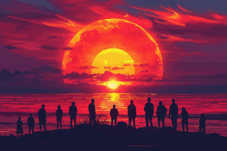 A group of people enjoying a bonfire on the beach at sunset, with a colorful sky. Flat vector illustration.のイラスト素材