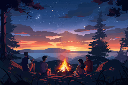 A group of friends gathers around a campfire under a starry sky. Flat vector illustration.