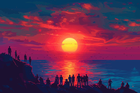 People gather by the ocean, watching a stunning sunset. Flat vector illustration.のイラスト素材
