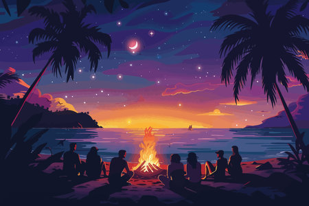 A group of friends sitting around a bonfire on the beach at sunset, enjoying the evening. Flat vector illustration.のイラスト素材