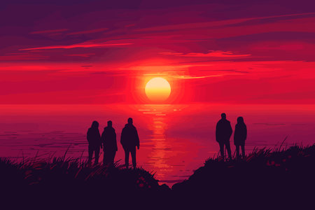 A group of people stands on a hill, watching a vibrant sunset over the ocean. Flat vector...