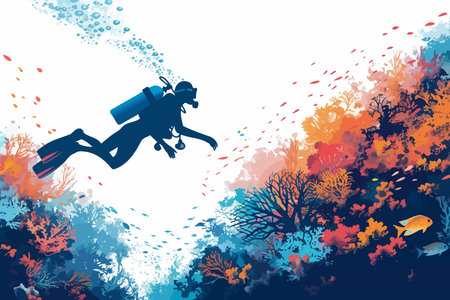 A scuba diver explores a vibrant, colorful coral reef underwater. Flat vector illustration.のイラスト素材
