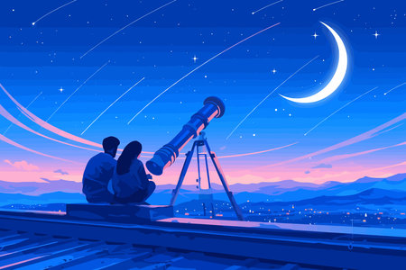 A group of friends on a stargazing adventure, observing the night sky filled with stars. Flat vector illustration.のイラスト素材