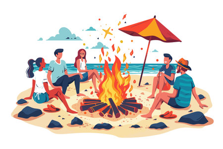 A group of friends around a bonfire on the beach, with a sunny sky and ocean in the background. Flat vector illustration.のイラスト素材