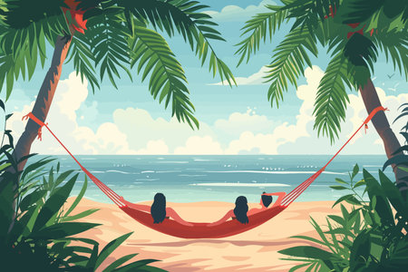 Three friends lounging in a hammock by the sea, surrounded by tropical greenery. Flat vector illustration.のイラスト素材