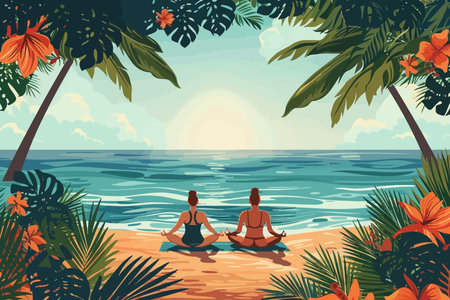 Two individuals meditating on a tropical beach at sunset, surrounded by lush vegetation and the ocean. Flat vector illustration.のイラスト素材