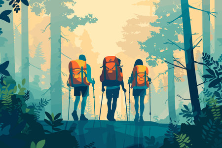 A group of hikers with backpacks walking through a misty forest during sunrise. Flat vector illustration.のイラスト素材