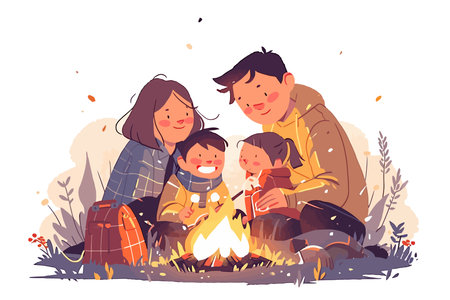 A happy family sits around a campfire, enjoying a peaceful evening. Flat vector illustration.のイラスト素材