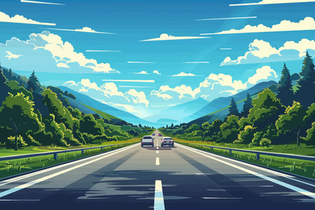 A highway cutting through mountains with a clear blue sky and scenic views. Flat vector illustration.のイラスト素材