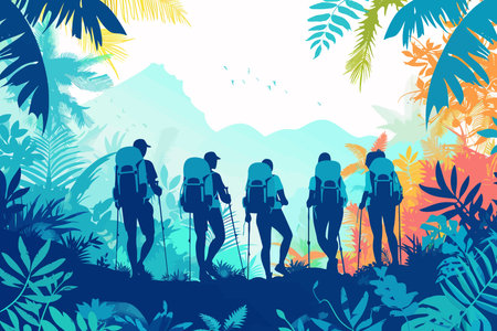 A group of hikers with backpacks trekking through a lush tropical forest. Flat vector illustration.のイラスト素材