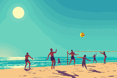 People playing beach volleyball on a sunny day by the ocean. Flat vector illustrationのイラスト素材