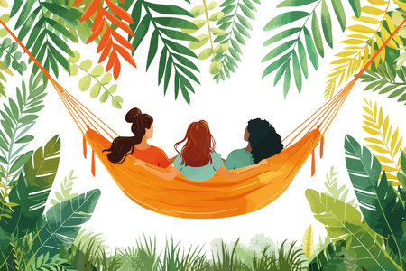 Three friends sitting in a hammock in lush greenery, enjoying a tranquil moment together. Flat vector illustrationのイラスト素材